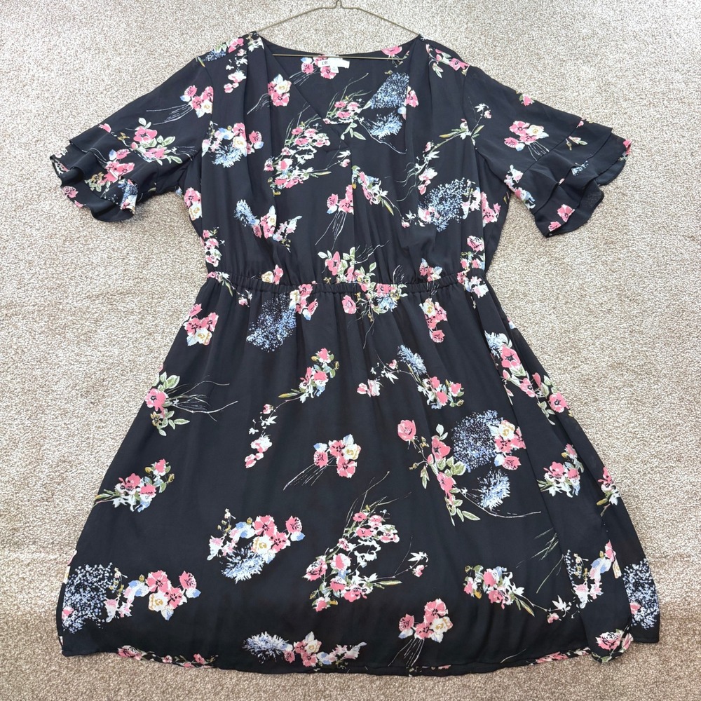 DR2 Women 1X Black Floral V-Neck Ruffle Sleeve Dress Midi Tiered Summer Plus